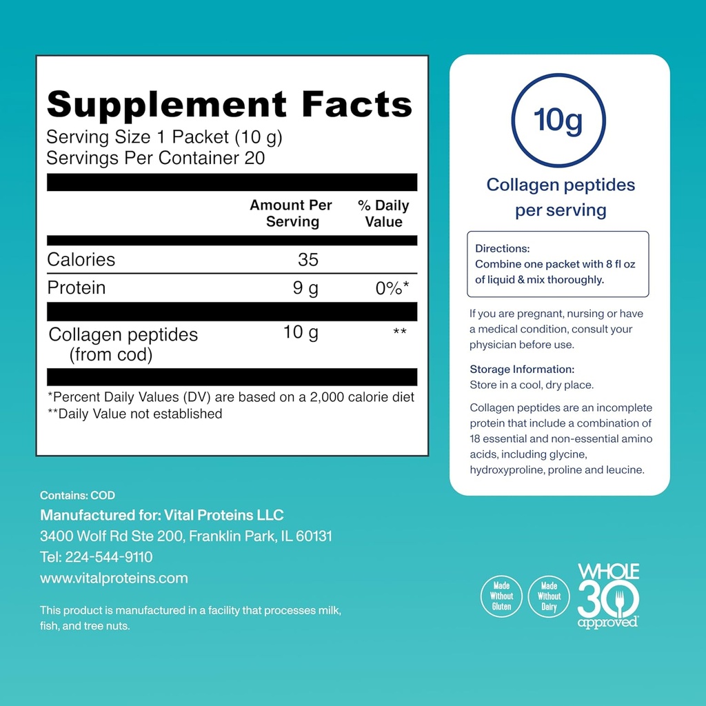 Vital Proteins Marine Collagen, Wild-Caught, Non-GMO Project Verified, Unflavored Stick Packs (10g) (Box of 20) 4