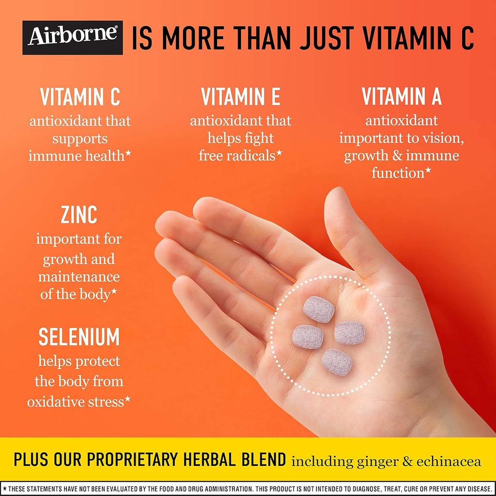 Airborne 1000mg Vitamin C Chewable Tablets Citrus & Very Berry Flavor Bundle - Immune Support Supplement with Zinc and Powerful Antioxidant Vitamins A C & E, (2x96ct bottles)* 3