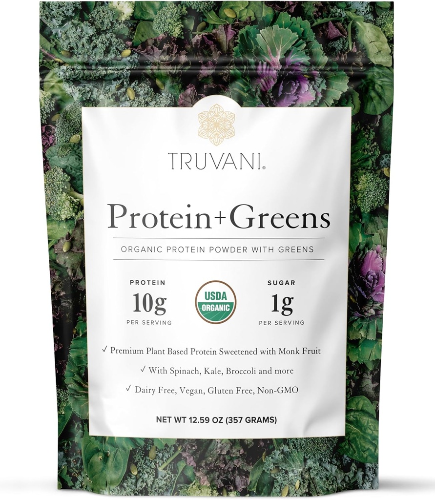 Truvani Protein + Greens Supplement | Spinach, Kale & Broccoli | 10g Organic Plant Based Protein | 20 Servings | USDA Organic | Gluten & Dairy Free | Vegan | No Added Sugar 2