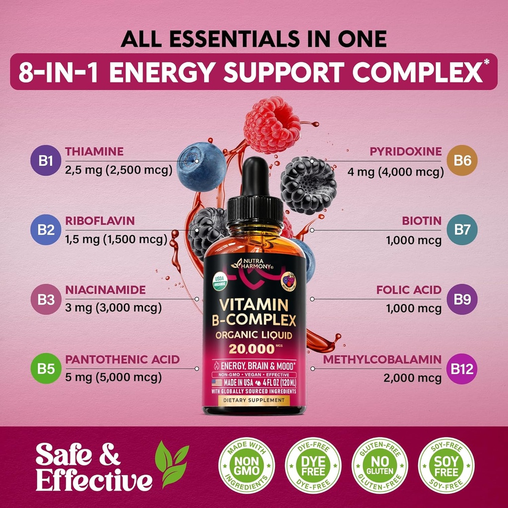 USDA Organic Vitamin B-Complex B5 Pantothenic Acid | B12 Methylcobalamin | B1 Thiamine | B6 Pyridoxine | B7 Biotin | B9 Folic | B3 Niacinamide - B Complex Liquid Drops, Made in USA Supplement, 4fl oz 6