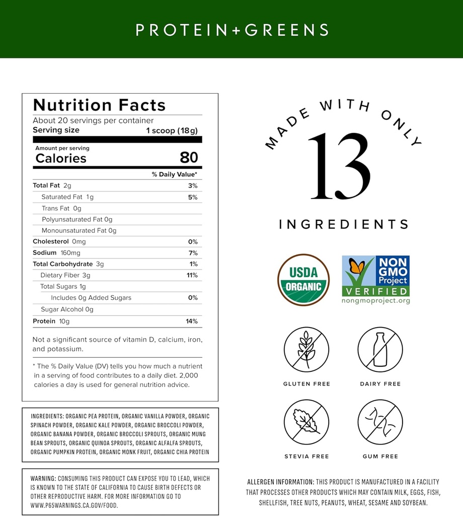 Truvani Protein + Greens Supplement | Spinach, Kale & Broccoli | 10g Organic Plant Based Protein | 20 Servings | USDA Organic | Gluten & Dairy Free | Vegan | No Added Sugar 3
