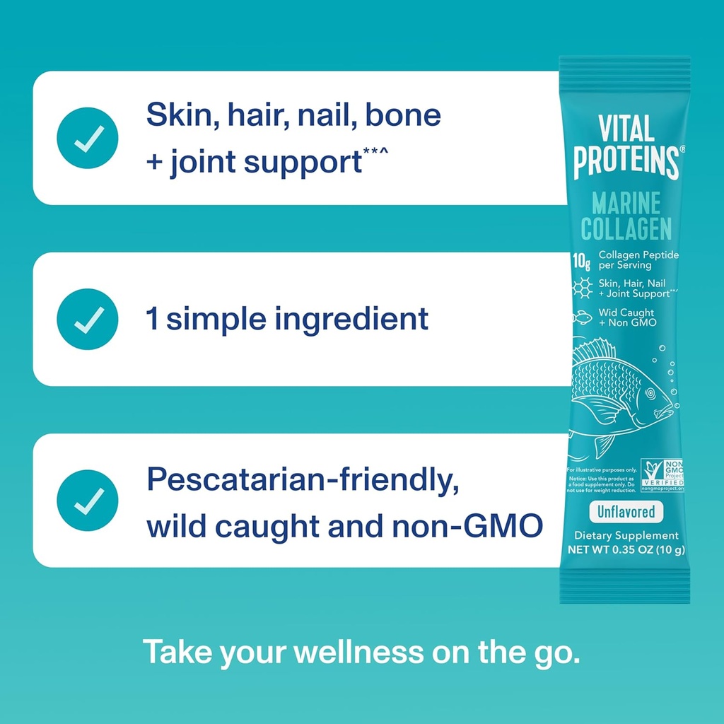 Vital Proteins Marine Collagen, Wild-Caught, Non-GMO Project Verified, Unflavored Stick Packs (10g) (Box of 20) 6