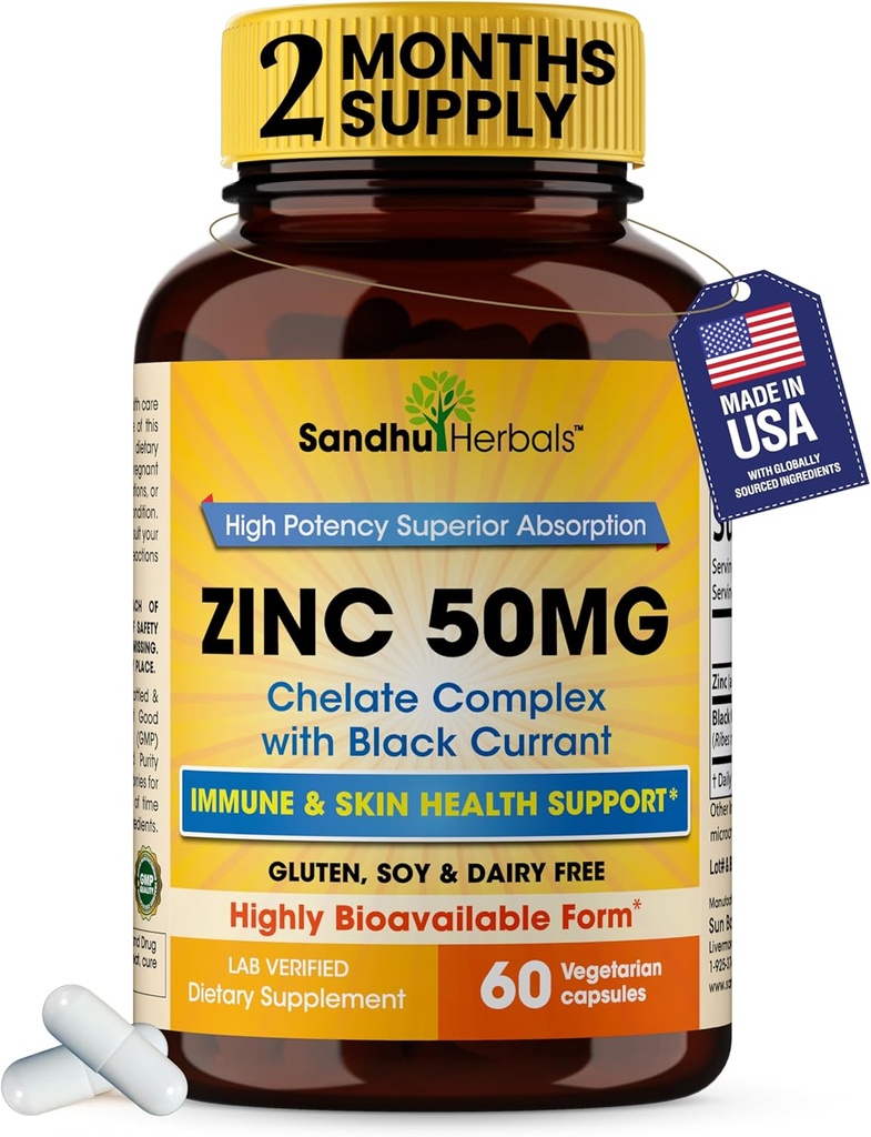 Sandhu Herbals Zinc 50mg Supplement for Men & Women| High Absorption Zinc Monomethionine Complex 60 Capsules| Supplements for Immune, Acne & Antioxidant Support| Vegetarian 2