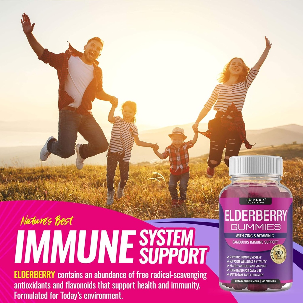 Elderberry Gummies with Zinc & Vitamin C – Sambucus Elderberry Gummy for Immune System Support, Natural Elderberry Extract Supplement for Adults Kids, Alternative to Capsules, Gluten Free, 60 Gummies 6