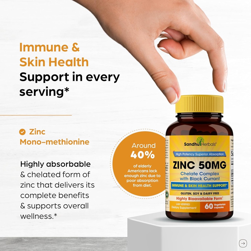 Sandhu Herbals Zinc 50mg Supplement for Men & Women| High Absorption Zinc Monomethionine Complex 60 Capsules| Supplements for Immune, Acne & Antioxidant Support| Vegetarian 3
