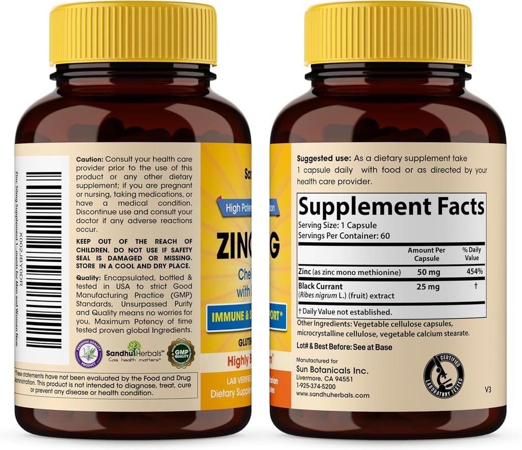 Sandhu Herbals Zinc 50mg Supplement for Men & Women| High Absorption Zinc Monomethionine Complex 60 Capsules| Supplements for Immune, Acne & Antioxidant Support| Vegetarian 5