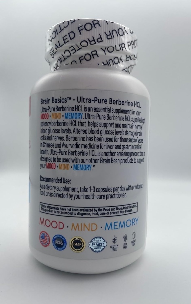 Brain Bean Ultra - Pure Berberine HCL Supplement 500mg for Brain Health - Non-GMO, Gluten-Free 120 Vegan Capsules of Berberine Supplement (Made in USA) 5