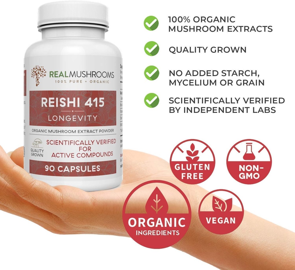 Real Mushrooms Ergothioneine (60ct) and Reishi 415 (90ct) Bundle with Shiitake and Oyster Mushroom Extracts - Longevity and Relaxation -Vegan, Gluten Free, Non-GMO - Natural Support for Healthy Aging 3
