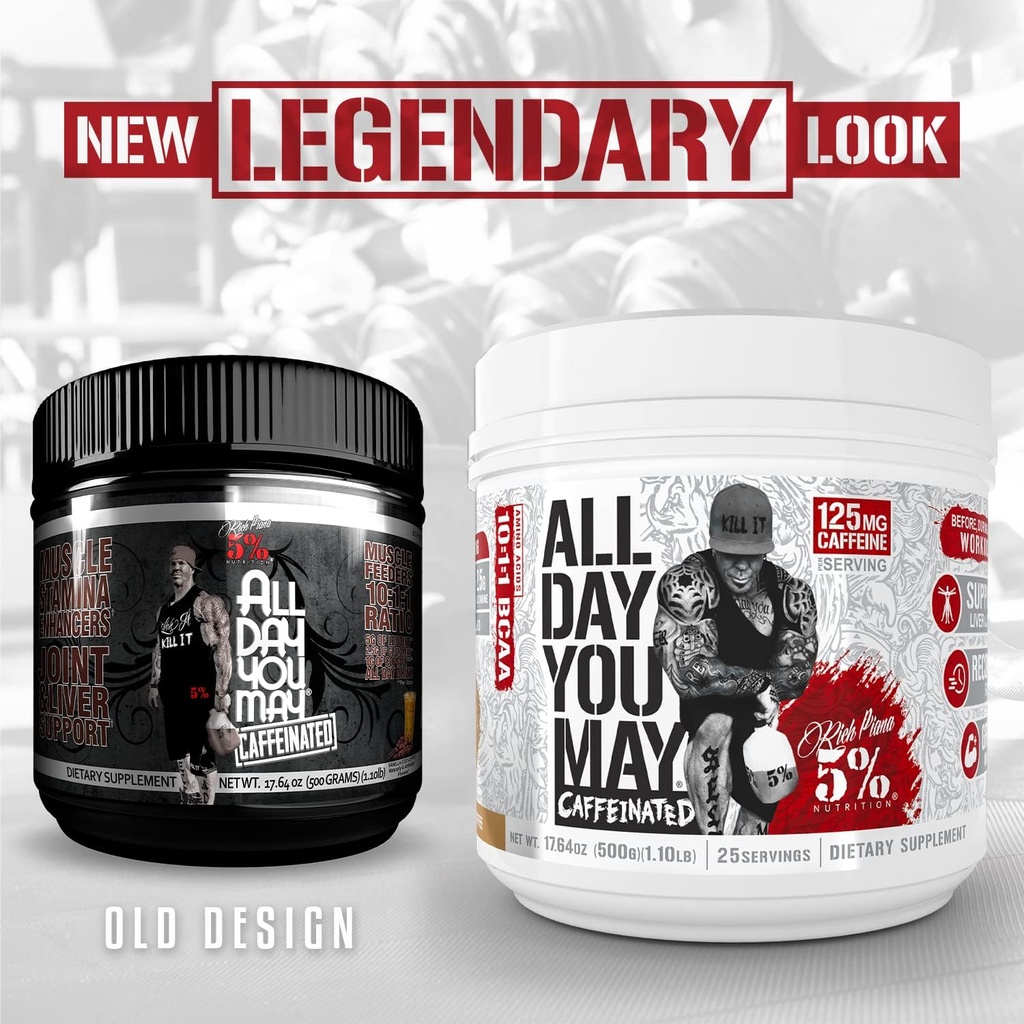 5% Nutrition Rich Piana Bundle | AllDayYouMay Caffeinated BCAA Powder (Southern Sweet Tea) + Reloaded High-Stim Pre-Workout (Fruit Punch) 4