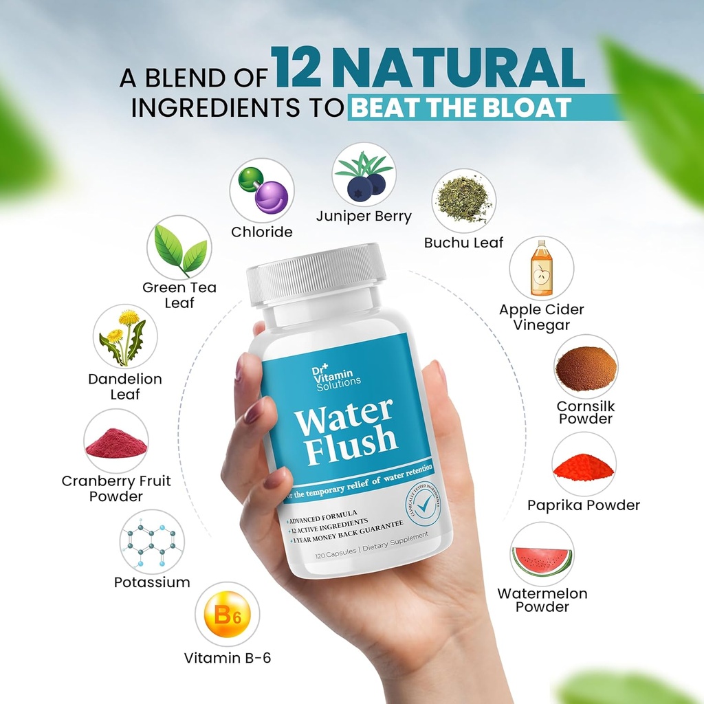 DR VITAMIN SOLUTIONS Diuretic Water Pills for Weight Control - Instant Relief from Bloat and Swelling - Green Tea, Cranberry, Dandelion Leaf Extract - Water Retention Pills for Women & Men, 120 Caps 5