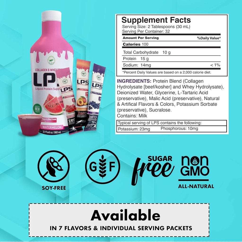 Nutritional Designs LPS Liquid Collagen & Whey Protein Supplement - Non-GMO Drink, Sugar-Free - Promotes Healthy Skin & Hair for Men & Women, Watermelon, Single Serve (25 Packets) 4