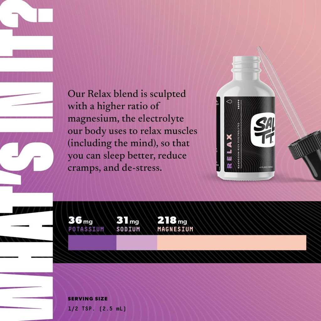 SALTT Relax Magnesium Drops - Ionic Magnesium Chloride w/Sodium, Potassium, Electrolytes - Trace Minerals Drops - Gluten Free, Sugar Free, Keto Friendly - from Utah's Great Salt Lake - 120ml Dropper 3