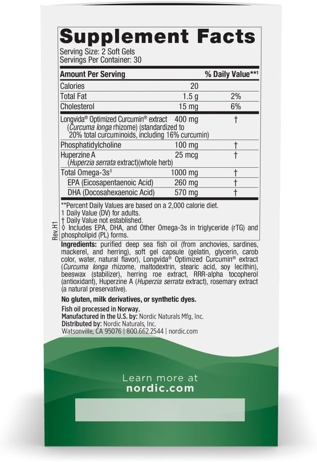 Nordic Naturals Omega Memory with Curcumin, Lemon - 60 Soft Gels - 1000 mg Omega-3 + 400 mg Optimized Curcumin - Memory, Cognition - Contains Phosphatidylcholine & Huperzine A - Non-GMO - 30 Servings 3