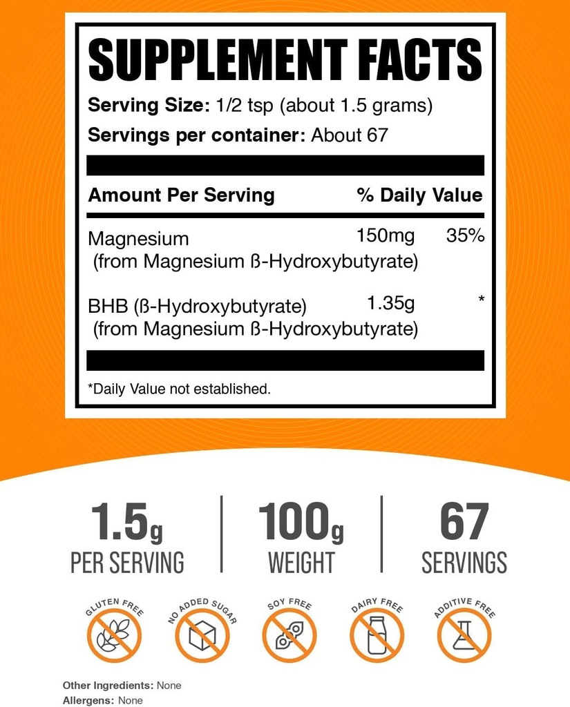 BulkSupplements.com Magnesium BHB Powder - BHB Salts, Beta-HydroxyButyrate Powder - Unflavored & Gluten Free, 1.5g per Serving, 250g (8.8 oz) (Pack of 1) 3