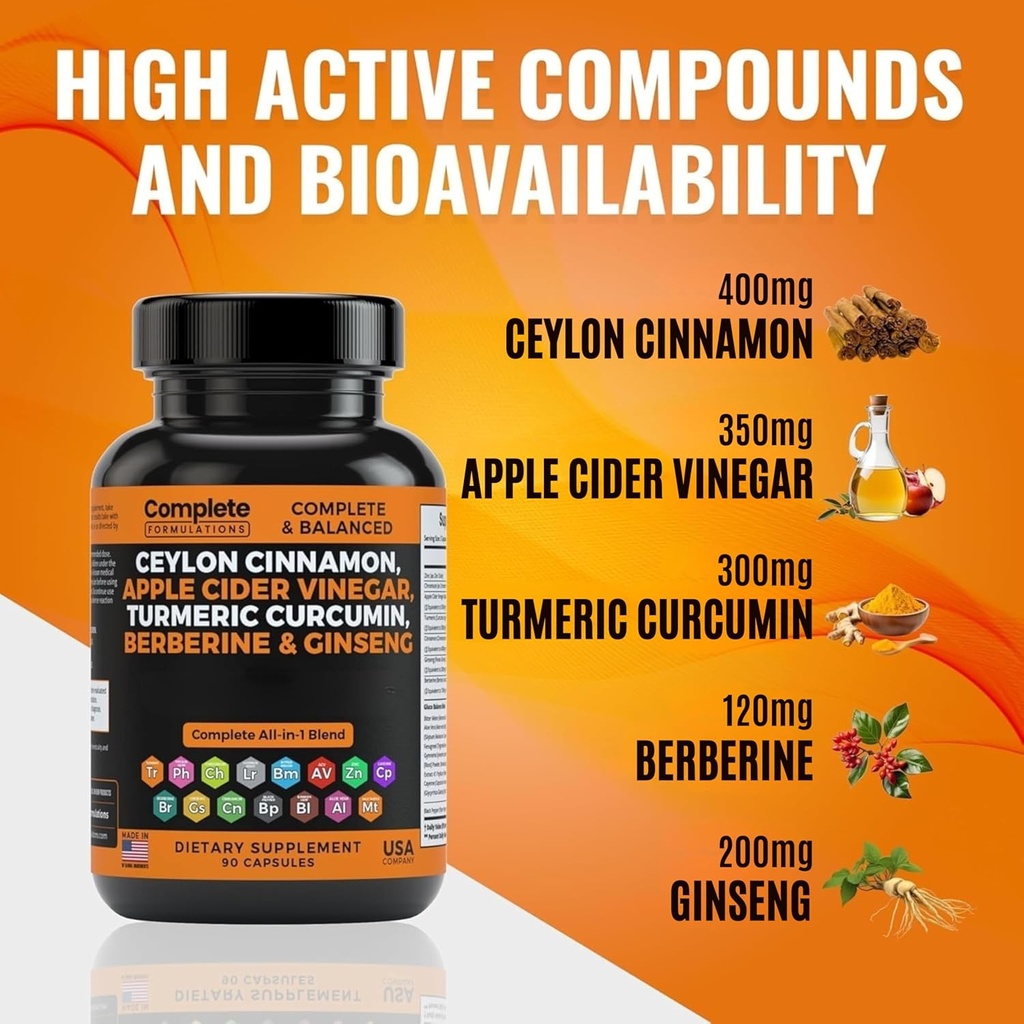Ceylon Cinnamon Capsules with Berberine, Apple Cider Vinegar, Turmeric Curcumin, Ginseng, Zinc, Milk Thistle, Bitter Melon, Fenugreek & More 6