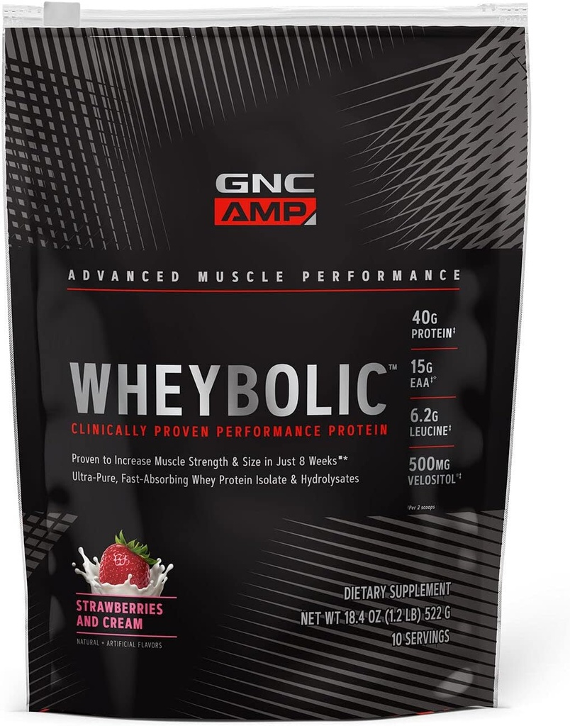GNC AMP Wheybolic Clinically Proven Protein Powder, 40g Whey Protein, BCAA, Leucine, Increases Muscle Strength, Muscle Building, 3rd Party Tested, Gluten Free, Strawberries and Cream, 10 Servings 2