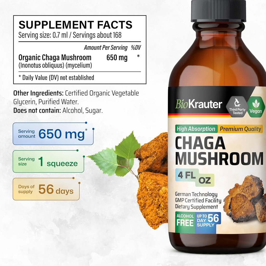 BIO KRAUTER Chaga Mushroom Extract - Chaga Tincture for Immune Support - Vegan, Alcohol & Sugar Free Drops 4 Fl.Oz. 4