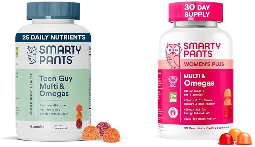 SmartyPants Women's and Teen Guy Multivitamin Gummies Bundle: Omega 3 (DHA/EPA), Methylfolate, CoQ10, Vitamin D3, C, Vitamin B12, B6, Vitamin A, K & Zinc, Gluten Free (30 Day Supply) 2