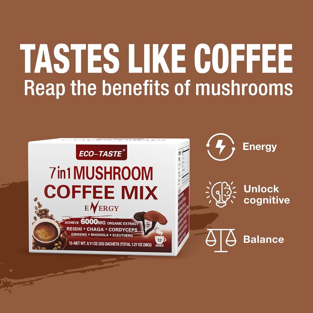Mushroom Coffee Mix 7 in 1, TCM Designed for Energy with Reishi, Cordyceps, Chaga, Rhodiola, Ginseng, and Eleuthero Mushroom Extracts – 12 Sachets 5