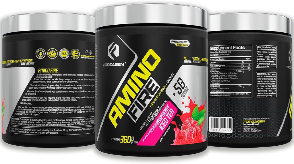 Forzagen Amino Fire | Essential Amino Energy Powder for Pre-Workout | BCAA Energy Boost & Muscle Recovery Drink Mix, Enhance Focus & Concentration, Dietary Supplement | Raspberry Ice Tea, 40 Servings 3