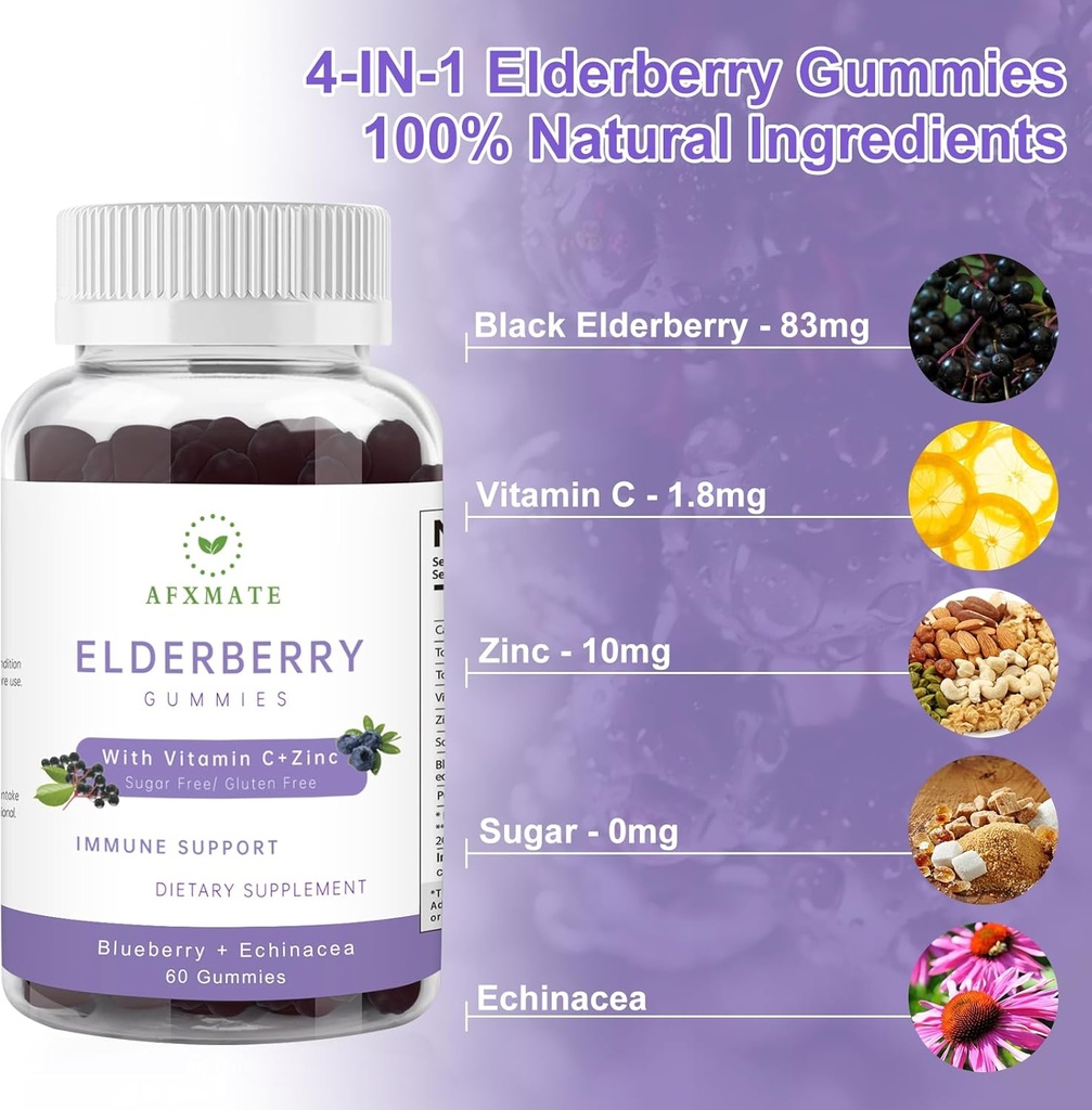Sambucus Elderberry Gummies, Black Elderberry Gummy with Zinc and Vitamin C for Adults, Sugar Free Kids Multivitamin Gummies Immune Support* Supplement (2 Pack) 5