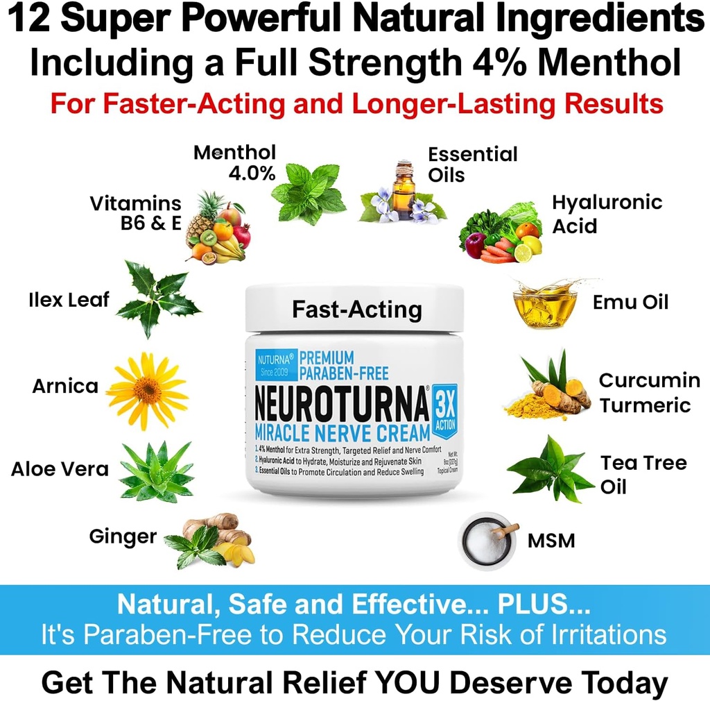 Neuropathy Nerve Relief Cream - Premium Nerve Cream 3X Action for Targeted Relief and Soothing Nerve Comfort - Maximum Strength with 4% Menthol Arnica MSM for Feet Hands Legs Toes & Back - Large 4 Oz 6