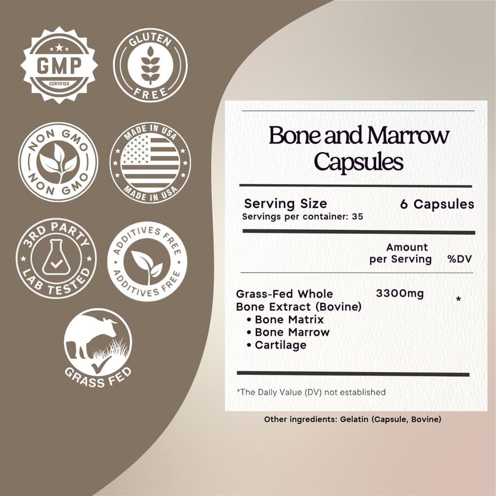 Zen Principle Grass Fed Beef Bone Marrow Supplement, 3300mg. Skin, Oral Health, and Joint Support. Promotes Whole-Body Wellness. Whole Bone Extract, 210 Capsules. 3