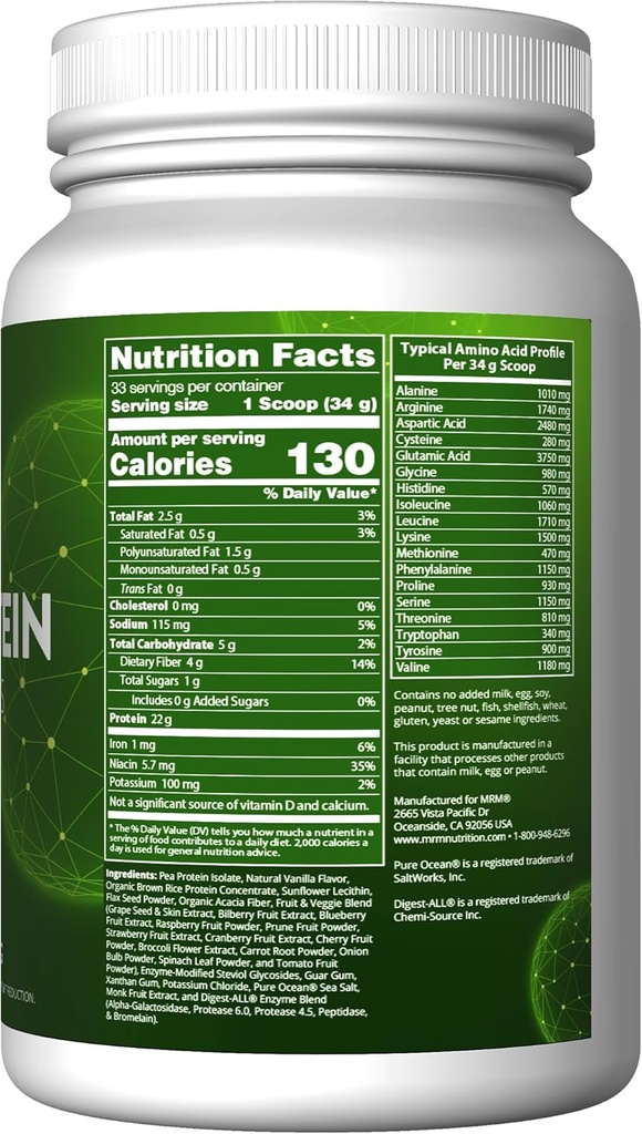MRM Nutrition Veggie Protein with Superfoods | Vanilla Flavored | 22g Complete Protein | Over 8.8g Essential Amino acids | 13 superfoods | with Omega 3s and Omega6s | Keto Friendly | 33 Servings 3