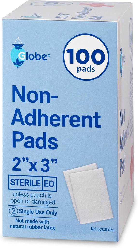 Globe Sterile Non-Adherent Pads, (100-Pack), 2” x 3” Non-Adhesive Wound Dressing. Highly Absorbent & Non-Stick, Painless Removal-Switch. Individually Wrapped for Extra Protection (2 x 3) 6