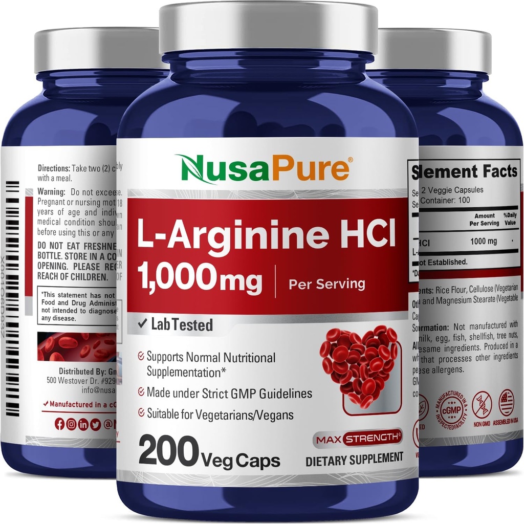 NusaPure L-Arginine 1000 mg 200 Veggie Capsules (Non-GMO, Vegetarian, Vegan) 6
