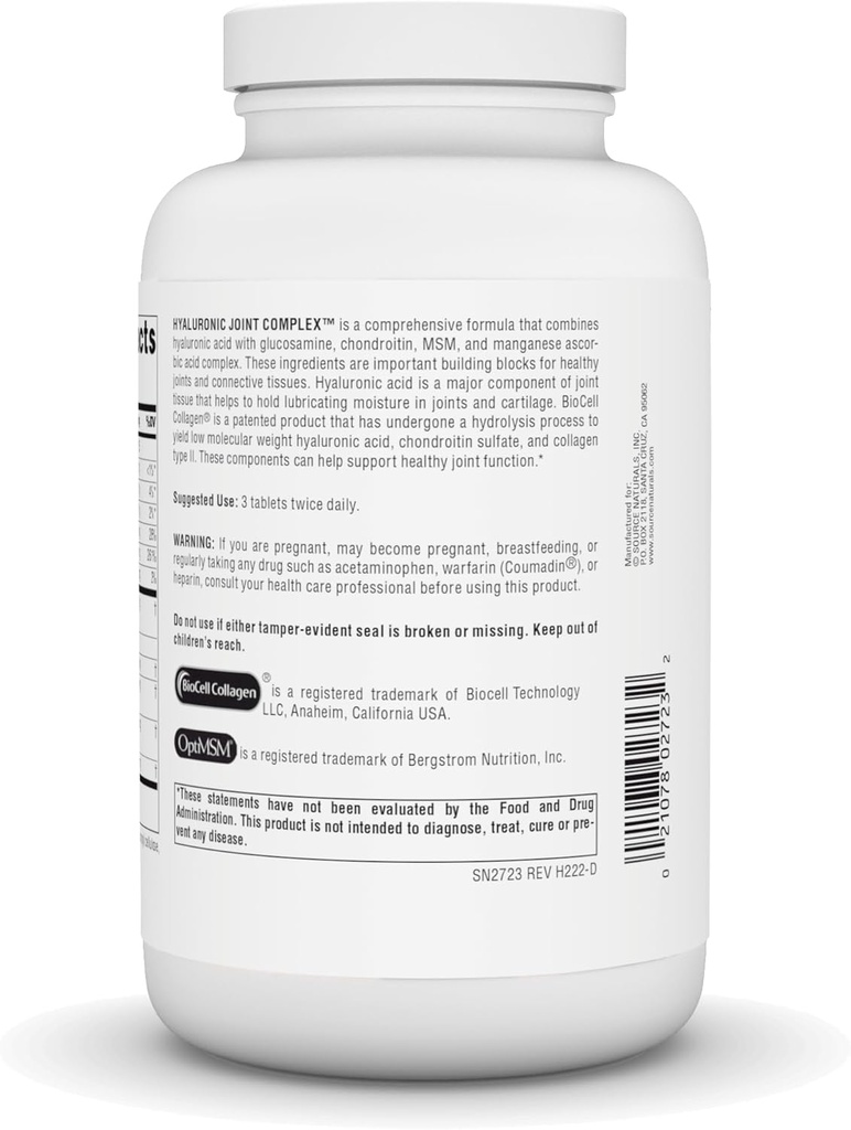 Source Naturals Hyaluronic Joint Complex with Glucosamine, Chondroitin & MSM Extra Strength - 240 Tablets 4