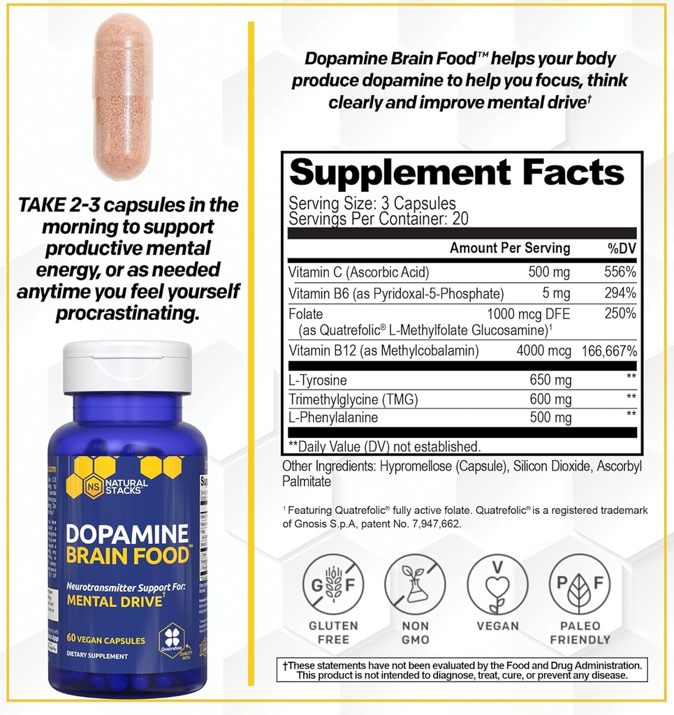 NATURAL STACKS Dopamine Brain Food + Creatine Monohydrate Bundle - Supports Mentral Drive & Brain Health* - Advanced Absorption Formula - 180 Capsules 5