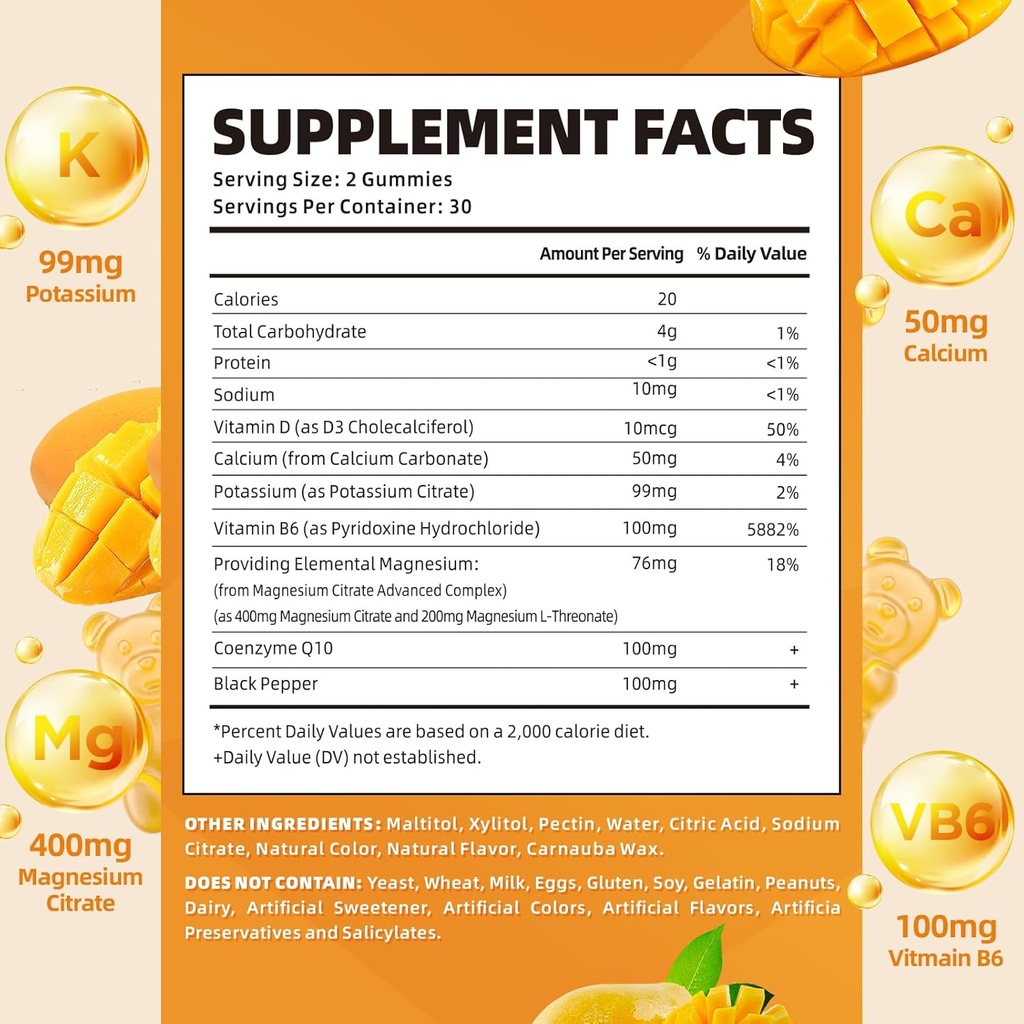 softbear Potassium Magnesium Gummies for Women, Calcium Magnesium Potassium Supplements with Vitamins Sugar-Free Potassium Citrate Gummies Support Muscle Health, Mango Flavor 60 Count 3
