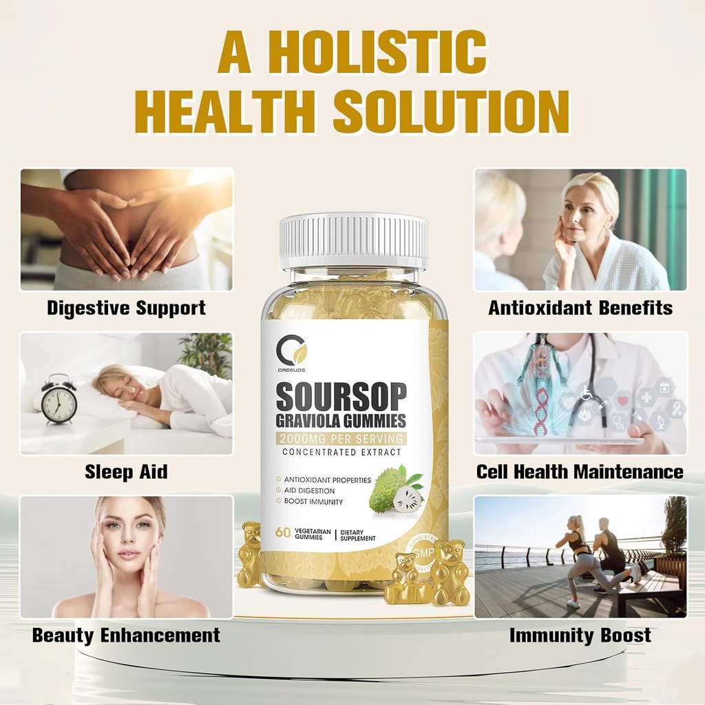 Soursop Graviola Gummies - Organic Soursop Leaves & Fruit Extract - Digestive Aid, Immune Support & Antioxidant Properties - Non-GMO, 60 Gummies 4