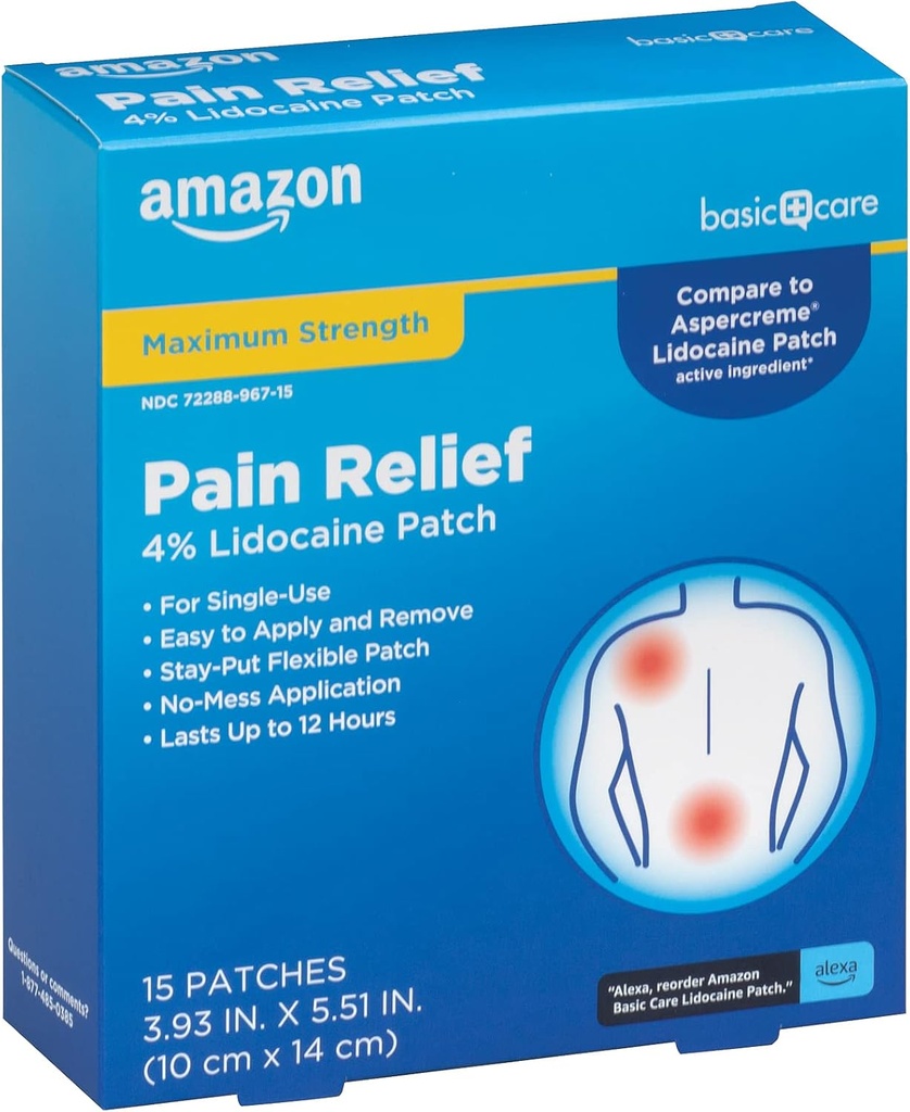 Basic Care Maximum Strength OTC Pain Relief , 4% Lidocaine Patch, 3.9” x 5.5”, 15-Count Box (Previously HealthWise) 2