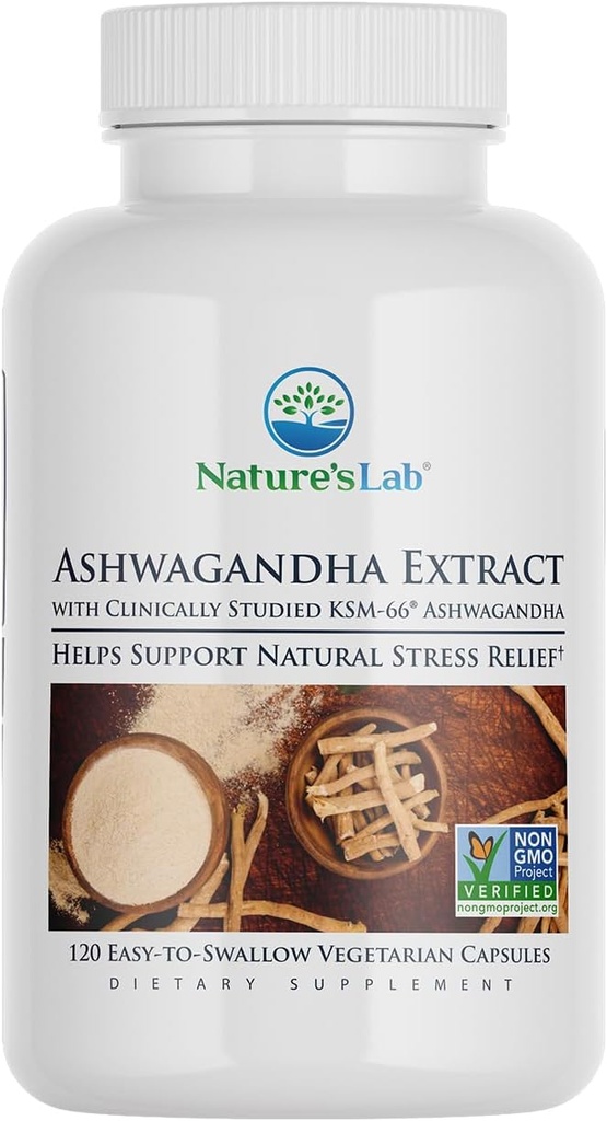 Nature's Lab Extra Strength Ashwagandha KSM 66 Extract - 5% Withanolides, Pure Organic Ashwagandha Root Powder - Supports Stress Relief, Focus and Strength Support* - 120 Ct (60 Day Supply) 2