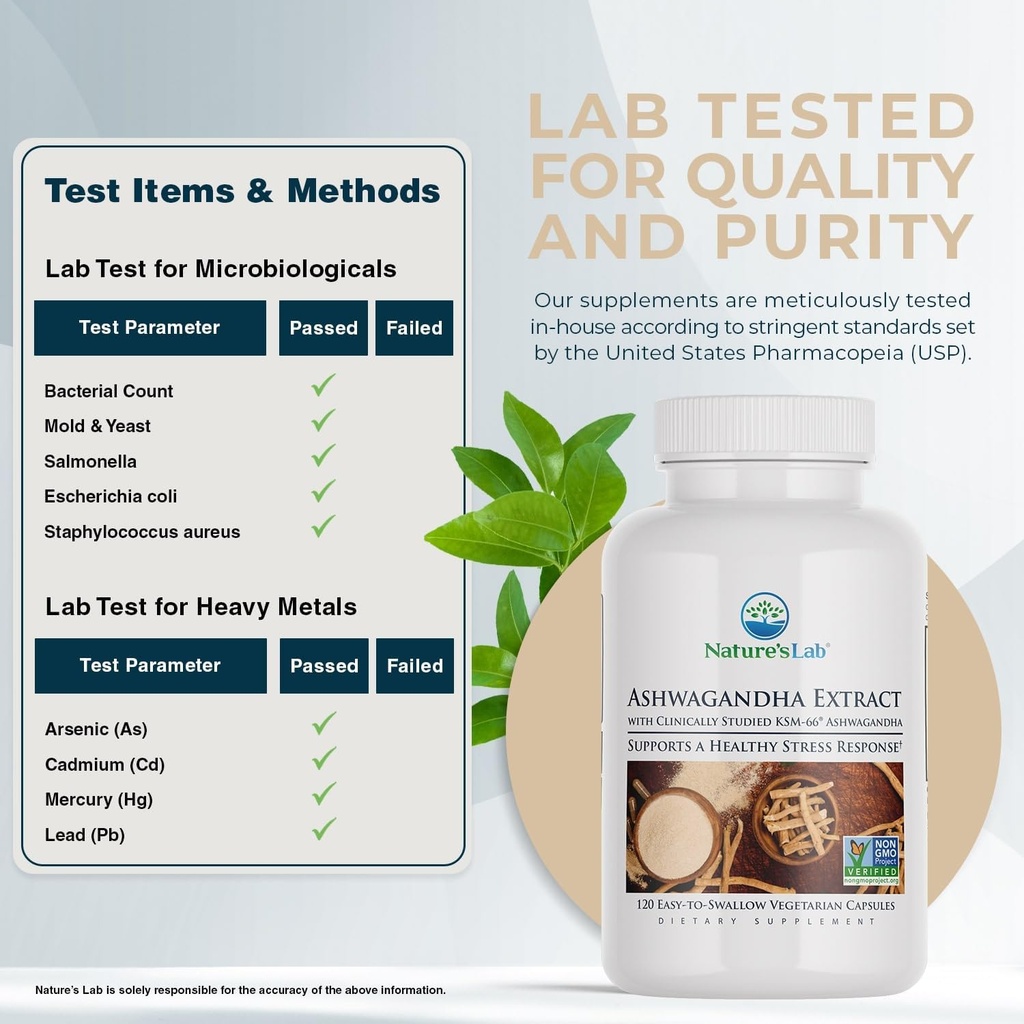 Nature's Lab Extra Strength Ashwagandha KSM 66 Extract - 5% Withanolides, Pure Organic Ashwagandha Root Powder - Supports Stress Relief, Focus and Strength Support* - 120 Ct (60 Day Supply) 5