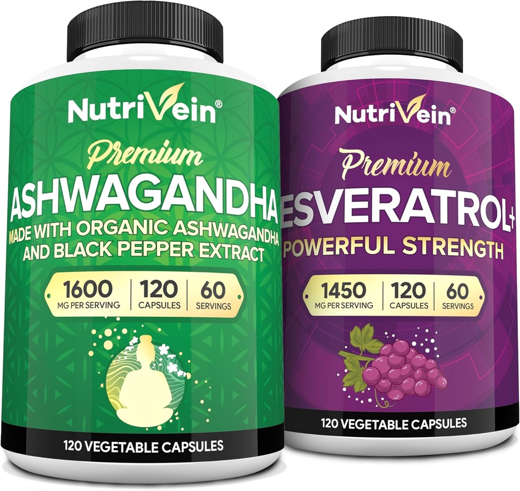 Nutrivein Premium Ashwagandha Capsules & Resveratrol Supplement Bundle: High-Absorption Resveratrol Capsules and Ashwagandha Supplements for Balance, Vitality, & Repair 2