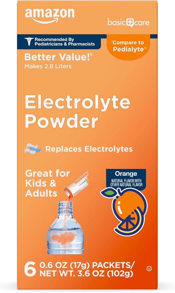 Basic Care Electrolyte Powder Packets for Kids & Adults, Orange Flavor, 6 Count (Pack of 1) 2
