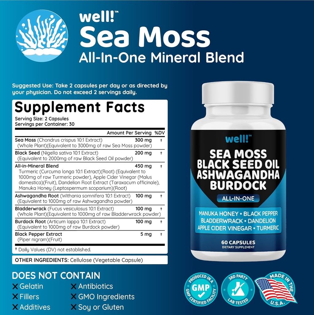 Sea Moss 3000, Black Seed Oil 2000, Ashwagandha 1000, Bladderwrack, Maca, Turmeric - Manuka Honey, Dandelion & Black Pepper, Super Antioxidants Supplement -120 3