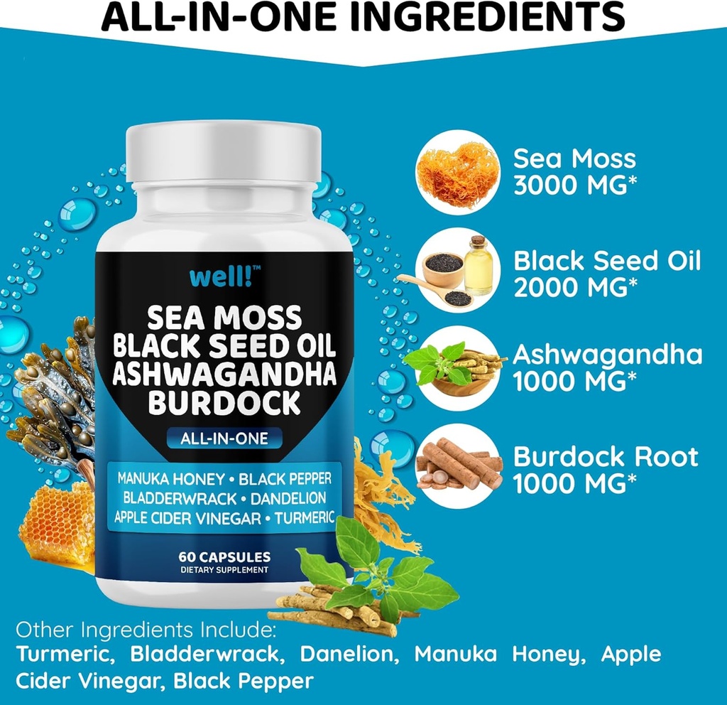 Sea Moss 3000, Black Seed Oil 2000, Ashwagandha 1000, Bladderwrack, Maca, Turmeric - Manuka Honey, Dandelion & Black Pepper, Super Antioxidants Supplement -120 4