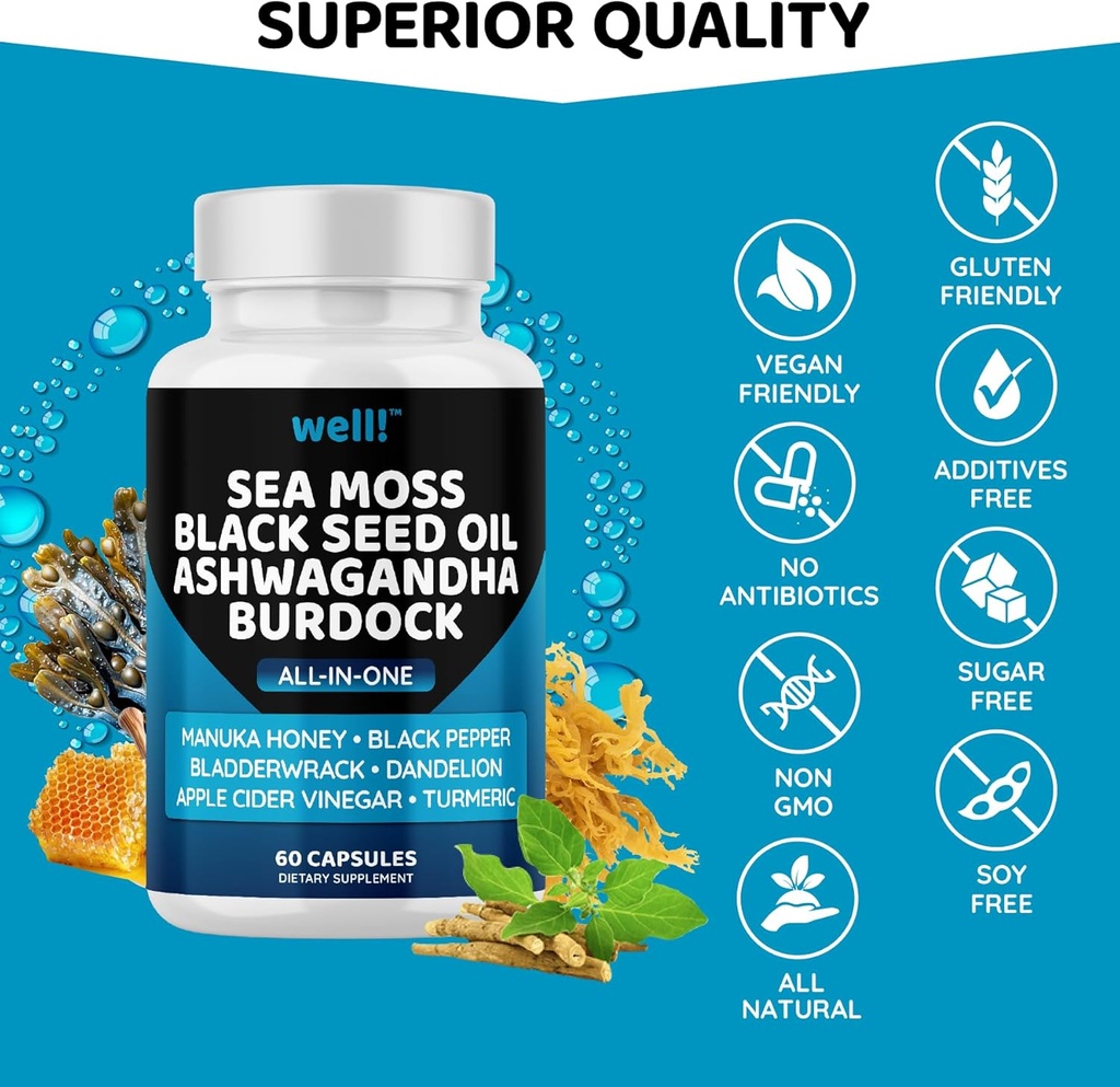 Sea Moss 3000, Black Seed Oil 2000, Ashwagandha 1000, Bladderwrack, Maca, Turmeric - Manuka Honey, Dandelion & Black Pepper, Super Antioxidants Supplement -120 6