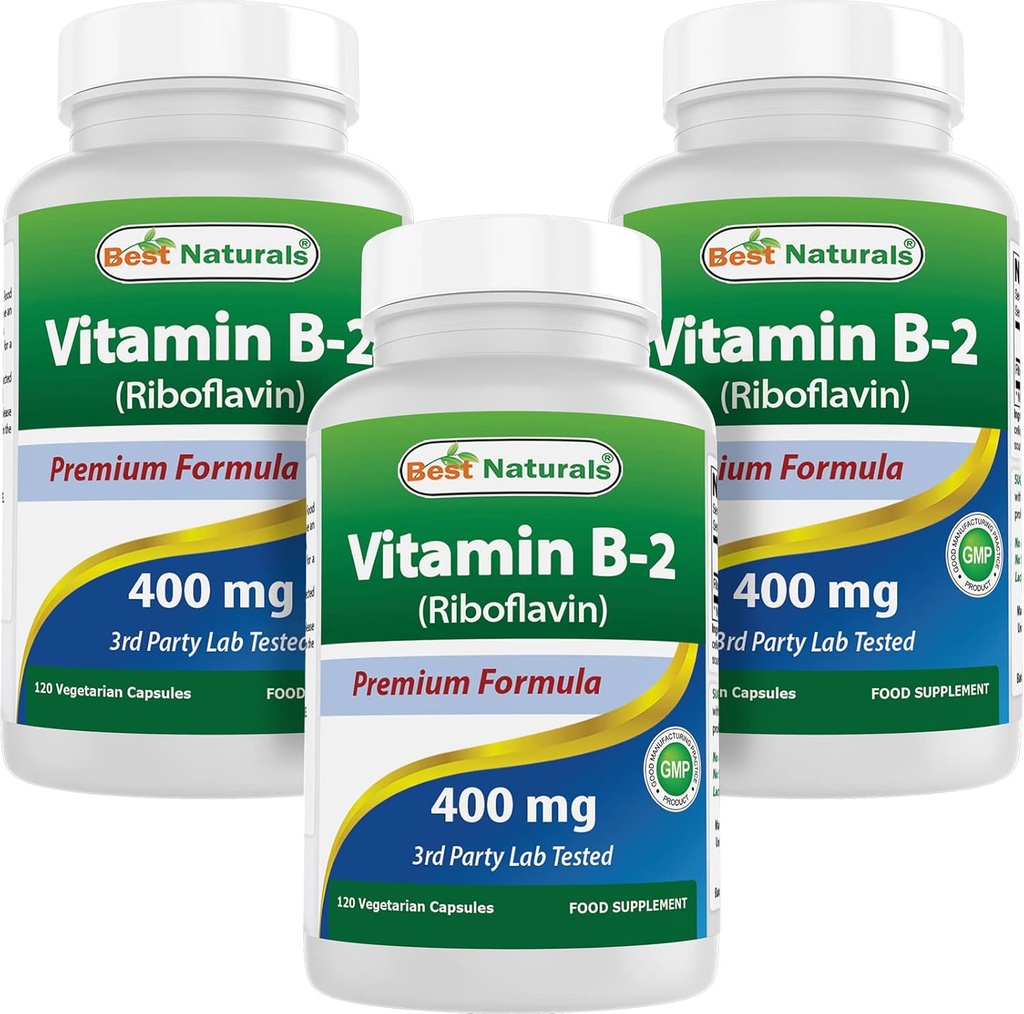 Best Naturals Vitamin B2 (Riboflavin) 400mg - Migraine Relief - Veggie Capsules - Conezyme Precursor - 120 Count (120 Count (Pack of 3)) 2
