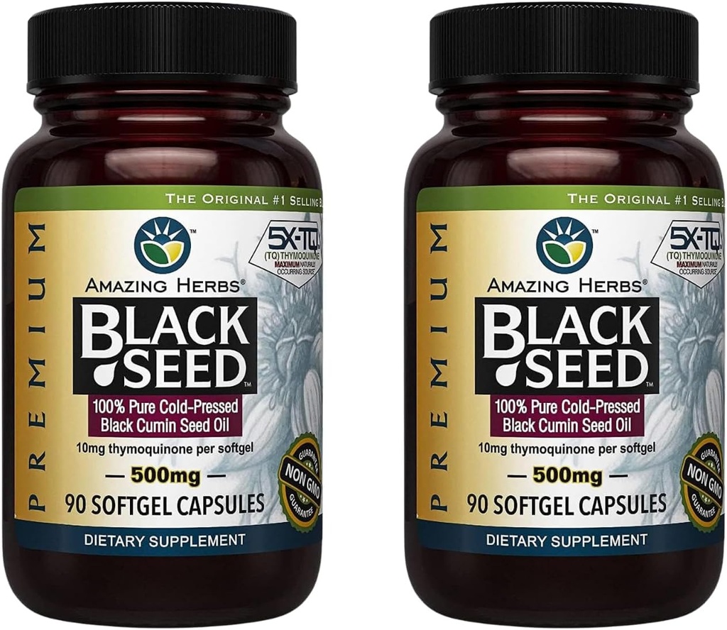 Amazing Herbs Premium Black Seed Oil Capsules - Gluten Free, Non GMO, Cold Pressed Nigella Sativa Aids in Digestive Health, Immune Support, Brain Function - 90 Count, 500mg (Pack of 2) 2