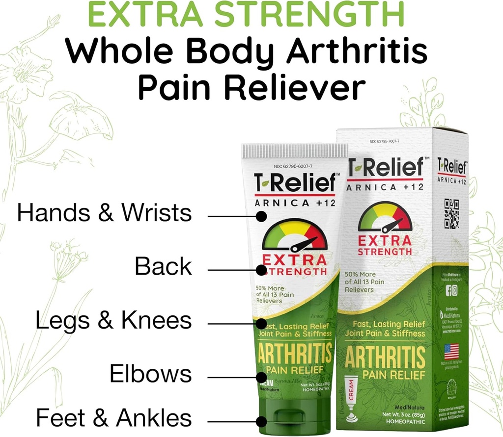 T-Relief Extra Strength Arthritis Cream Arnica +12 Pain Relieving Natural Medicines Help Soothe Soreness Stiffness Aches & Pains in Joints Naturally - 3 oz 4