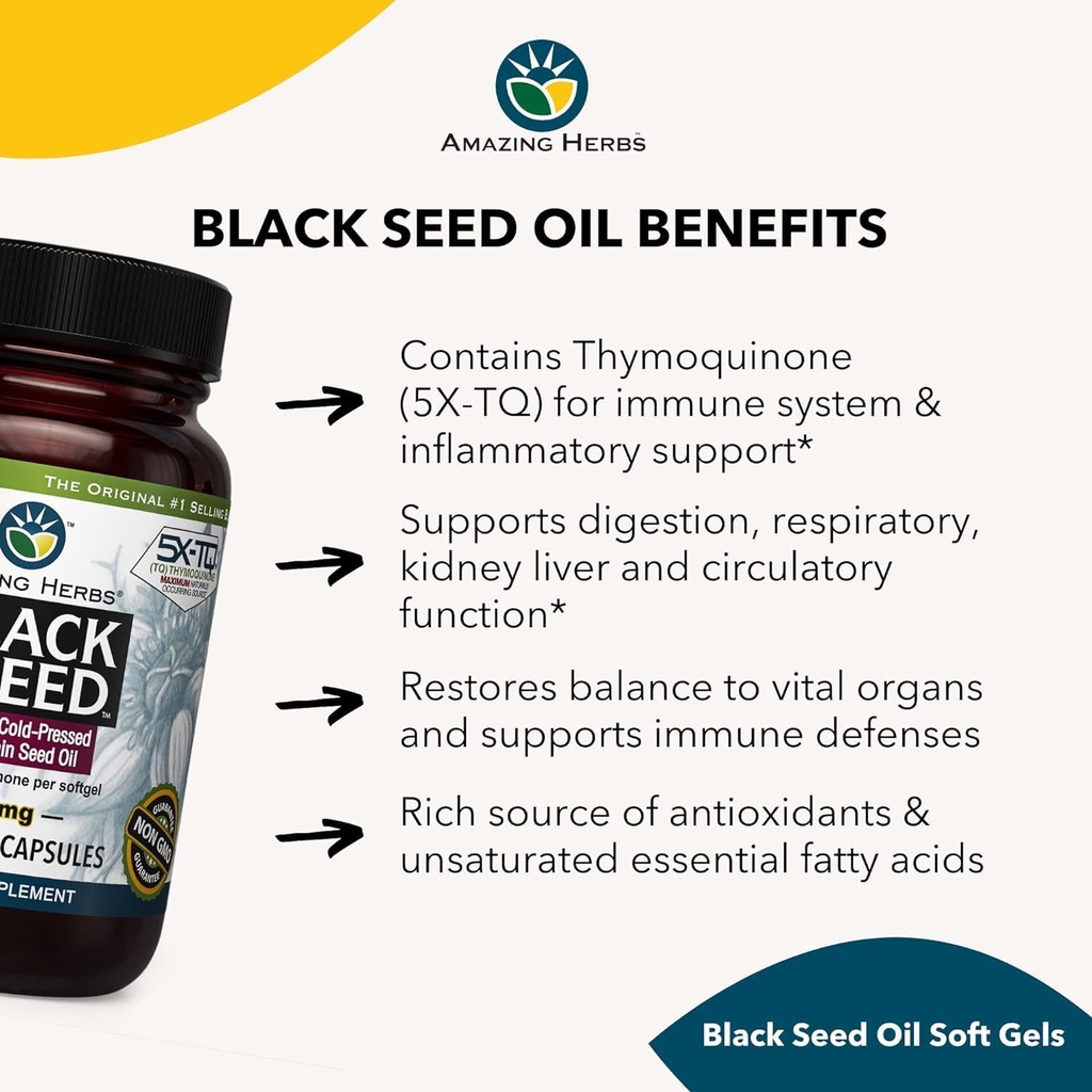 Amazing Herbs Premium Black Seed Oil Capsules - Gluten Free, Non GMO, Cold Pressed Nigella Sativa Aids in Digestive Health, Immune Support, Brain Function - 90 Count, 500mg (Pack of 2) 5