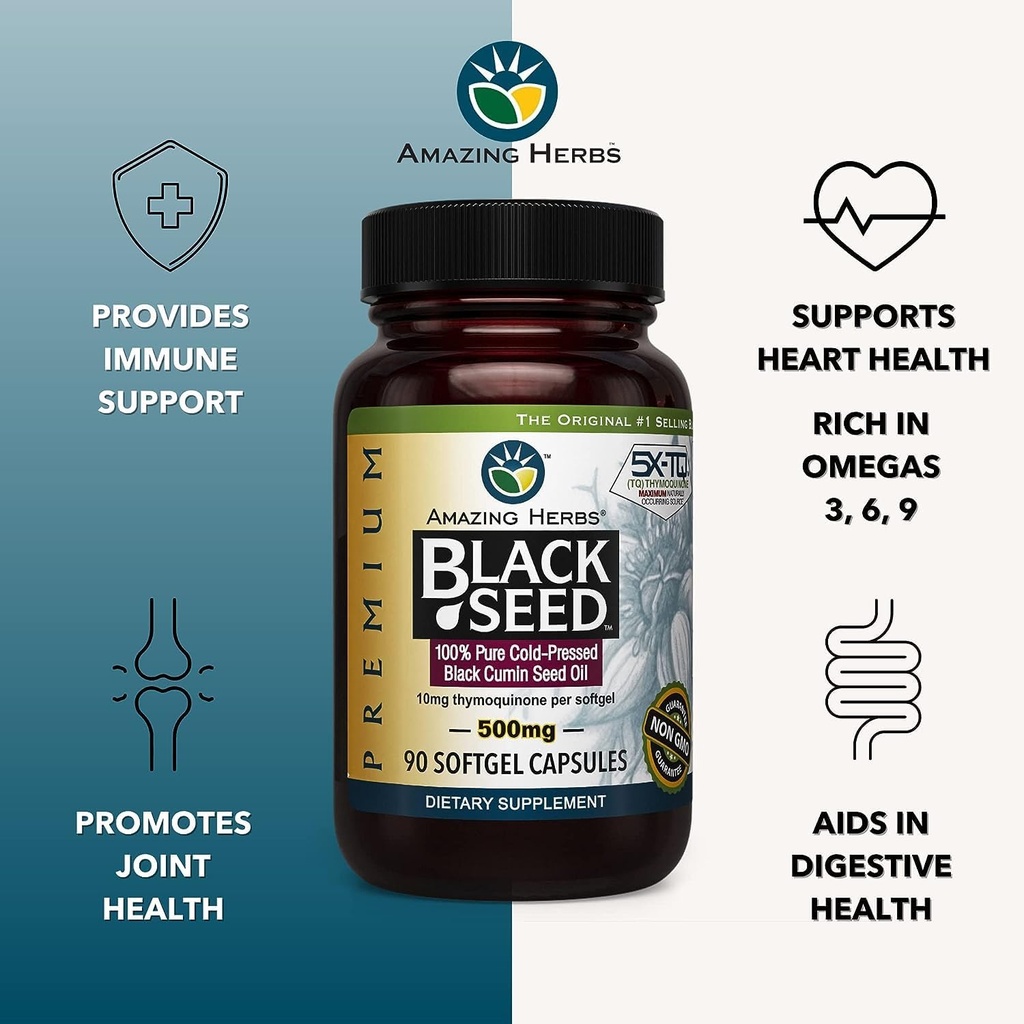 Amazing Herbs Premium Black Seed Oil Capsules - Gluten Free, Non GMO, Cold Pressed Nigella Sativa Aids in Digestive Health, Immune Support, Brain Function - 90 Count, 500mg (Pack of 2) 6