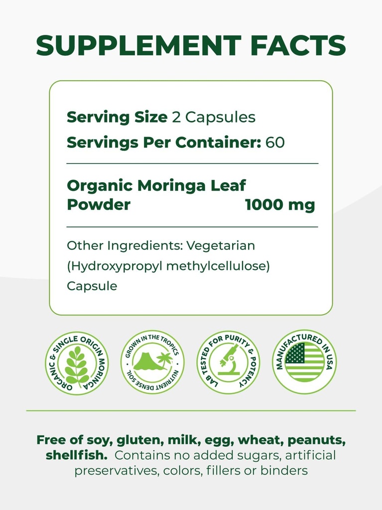 PURA VIDA MORINGA Capsules Single Origin Moringa Powder Organic. Pure Moringa Leaf. Energy, Metabolism, & Immune Support. 120ct. 500mg Caps. 5