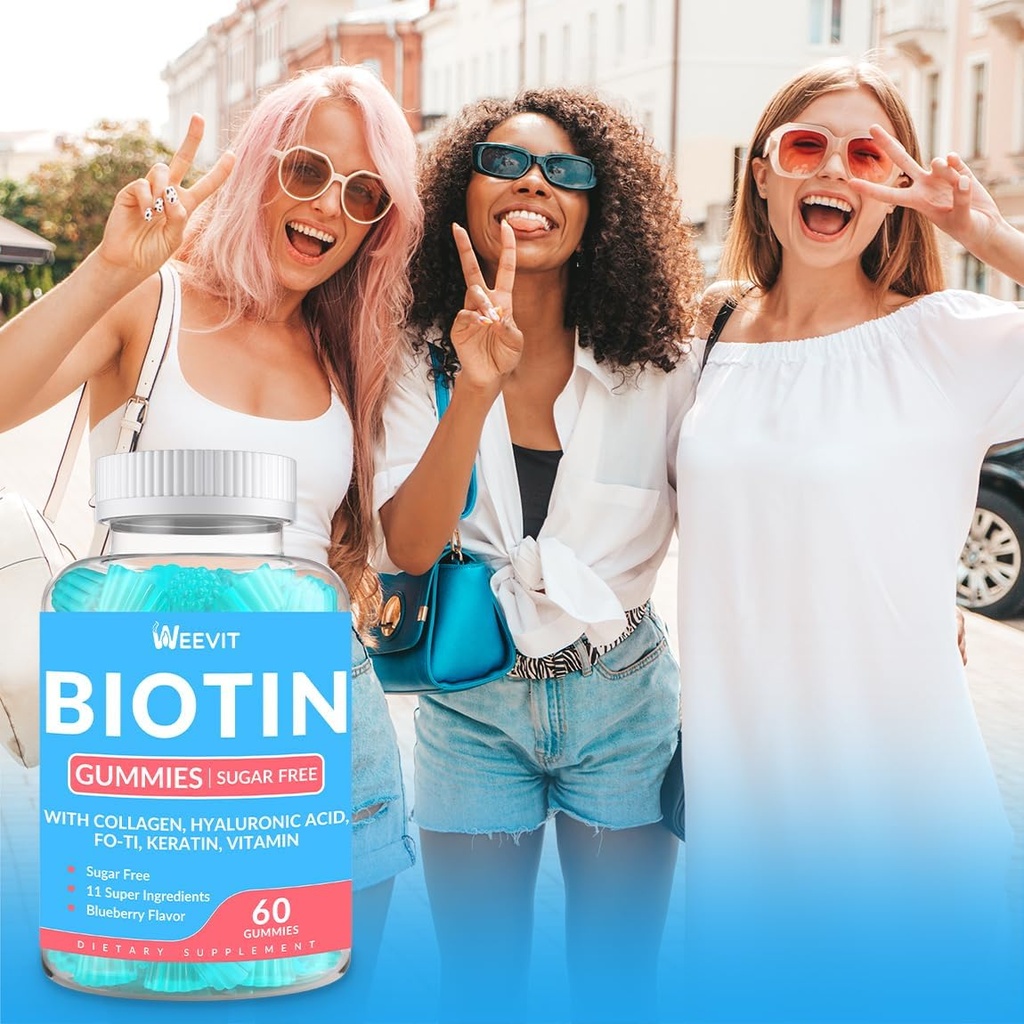 Sugar-Free Biotin Gummies, Biotin and Collagen Gummies with Keratin, Hyaluronic Acid for Women & Men | Hair Growth, Glowing Skin & Strong Nails | Vitamin B7 Supplement, Non-GMO, Chewable 4