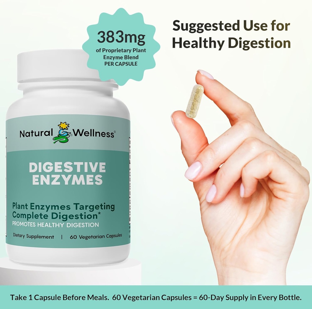 Natural Wellness Digestive Enzymes – Comprehensive Enzyme Blend for Healthy Digestion, Nutrient Absorption & Relief from Gas, Bloating & Indigestion – 60 Vegetarian Capsules 6